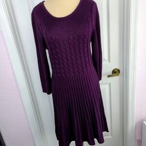 Eliza J Fit And Flare Purple Knit Sweater Dress Size L 3/4 Sleeve Scoop Neck